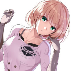 Rule 34 | 1girl, blonde hair, blunt bangs, blush, bob cut, collarbone, emblem, gloves, green eyes, grey gloves, hand on own cheek, hand on own face, huyumitsu, lips, looking at viewer, nasu rei, no pupils, parted lips, short hair, simple background, solo, upper body, white background, world trigger