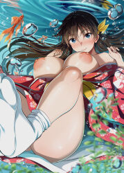 Rule 34 | 1girl, absurdres, air bubble, black hair, blush, breasts, breasts out, bubble, fish, floral print, hair ornament, highres, japanese clothes, kimono, large breasts, long hair, looking at viewer, nicoby, nipples, obi, off shoulder, open clothes, open kimono, original, print kimono, sash, smile, solo, tabi, underwater, wide sleeves