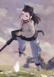 Rule 34 | 1girl, absurdres, animal ears, black hair, braid, checkered clothes, checkered scarf, fire, gun, highres, long hair, military, military uniform, non-web source, official art, overcast, pantyhose, scarf, shimada fumikane, sky, smoke, solo, striker unit, tail, uniform, weapon, wiktoria urbanowicz, world witches series
