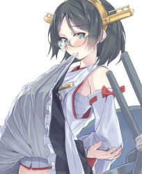 Rule 34 | 10s, 1girl, arms behind back, black hair, blue eyes, blush, clothes lift, detached sleeves, glasses, green-framed eyewear, hairband, headgear, kantai collection, kirishima (kancolle), lace, lace-trimmed panties, lace trim, navel, panties, ribbon-trimmed sleeves, ribbon trim, sarashi, semi-rimless eyewear, short hair, simple background, skirt, skirt lift, solo, under-rim eyewear, underwear, white background, yahako