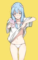Rule 34 | 10s, 1girl, arm up, blush, bow, cellphone, clothes lift, collarbone, cowboy shot, eromanga sensei, full-face blush, greyscale, hair bow, half-closed eyes, holding, holding phone, izumi sagiri, lifting own clothes, long hair, monochrome, navel, nose blush, off-shoulder shirt, off shoulder, panties, parted lips, phone, saboten, selfie, shirt, shirt lift, short sleeves, sidelocks, simple background, smartphone, solo, spot color, sweat, tareme, thighs, underwear, yellow background