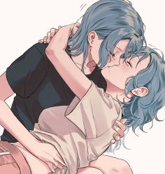 Rule 34 | 2girls, absurdres, arms around neck, bang dream!, beige background, black shirt, blue hair, blush, closed eyes, collarbone, commentary request, french kiss, grey shirt, hand on another&#039;s back, hand on another&#039;s stomach, highres, hikawa hina, hikawa sayo, hug, incest, kiss, korean commentary, long hair, lying on lap, multiple girls, profile, saliva, shirt, short hair, short sleeves, siblings, simple background, sisters, t-shirt, tongue, twincest, twins, yuri, zihacheol