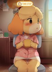 Rule 34 | 1girl, :o, @ @, animal crossing, animal ears, animal nose, black eyes, blonde hair, blush, blush stickers, body fur, buttons, chair, chibi, cup, dagashi (daga2626), day, dog ears, dog girl, empty eyes, furry, furry female, highres, holding, holding cup, indoors, isabelle (animal crossing), looking to the side, miniskirt, nintendo, office chair, panties, pantyshot, parted lips, shirt, short sleeves, sitting, skirt, snout, solo, steam, swivel chair, time stop, topknot, underwear, upskirt, user interface, white panties, window, yellow fur