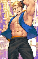 Rule 34 | 1boy, abs, bara, black gloves, black pants, blonde hair, blue eyes, blue vest, facial scar, gloves, jewelry, large pectorals, luke sullivan, male focus, muscular, muscular male, navel, necklace, nipples, one eye closed, open clothes, open vest, pants, pectorals, scar, scar across eye, scar on cheek, scar on face, serialmilq, short hair, smile, solo, street fighter, street fighter 6, vest