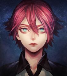 Rule 34 | 1boy, absurdres, blue eyes, collared shirt, commentary request, hair between eyes, highres, inazuma eleven (series), kiyama hiroto, looking at viewer, male focus, murasaki (fioletovyy), parted lips, portrait, red hair, red lips, shirt, solo, sparkling eyes, wing collar
