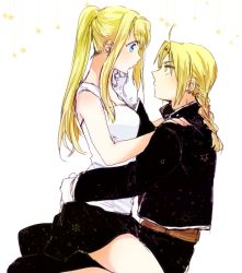 Rule 34 | 1boy, 1girl, ahoge, bare arms, bare shoulders, belt, black jacket, black pants, black skirt, blonde hair, blouse, blue eyes, braid, braided ponytail, edward elric, expressionless, eye contact, fingernails, fullmetal alchemist, gloves, hand on another&#039;s hip, hand on another&#039;s shoulder, jacket, long hair, looking at another, pants, ponytail, profile, shirt, simple background, sitting, sitting on lap, sitting on person, skirt, sleeveless, sleeveless shirt, star (symbol), starry background, thighs, tsukuda0310, white background, white gloves, white shirt, winry rockbell, yellow eyes