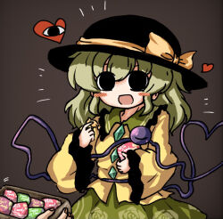Rule 34 | 1girl, black eyes, black headwear, blouse, blush, bow, brown background, candy, eyeball, floral print, food, frilled shirt collar, frilled sleeves, frills, green hair, green skirt, hat, hat bow, hat ribbon, heart, heart of string, heripantomorrow, holding, holding candy, holding food, komeiji koishi, long sleeves, medium hair, notice lines, open mouth, ribbon, rose print, shirt, sidelocks, simple background, skirt, smile, solo focus, third eye, touhou, upper body, wavy hair, wide sleeves, yellow bow, yellow ribbon, yellow shirt