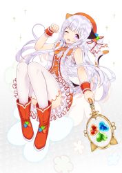 Rule 34 | 1girl, ;d, animal ears, blush, boots, cait aron, cat ears, cat tail, hat, highres, ipass (yi ka tong), long hair, magical girl, miniskirt, one eye closed, open mouth, orange footwear, original, paw pose, purple eyes, silver hair, skirt, smile, solo, tail, thighhighs, very long hair, wand, white thighhighs, wrist cuffs, xiao pa