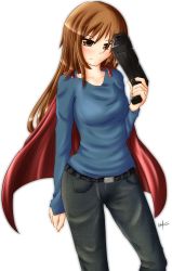 Rule 34 | 1girl, absurdres, artist name, belt, blush, brown eyes, brown hair, cape, collarbone, cowboy shot, fingernails, gender request, genderswap, gun, highres, holding, i wanna be the guy, imkyonyuu, long hair, looking at viewer, pants, red cape, sidelocks, simple background, smile, solo, the kid, transparent background, weapon, white background