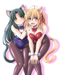 Rule 34 | 2girls, ahoge, animal ears, black bow, black bowtie, black hair, black leotard, blonde hair, blunt bangs, bow, bowtie, breasts, brown eyes, cat ears, cat tail, cleavage, detached collar, facing viewer, hands on own knees, kittysuit, leaning forward, leotard, looking at viewer, multiple girls, nontraditional playboy bunny, open mouth, original, pantyhose, purple eyes, red bow, red bowtie, red leotard, tail, tonpuu, white background, wrist cuffs