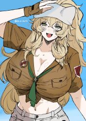 Rule 34 | 1girl, abs, barghest (fate), barghest (swimsuit archer) (fate), blonde hair, breasts, cleavage, fate/grand order, fate (series), green eyes, grey hat, grey skirt, hat, high ponytail, highres, huge breasts, kaita (mokamilkcup), long hair, looking at viewer, midriff, navel, neckerchief, open mouth, shirt, short sleeves, sidelocks, skirt, smile, solo, thighs, tied shirt, yellow shirt