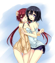 Rule 34 | 10s, 2girls, :d, arm grab, asymmetrical docking, back, bare legs, bare shoulders, black hair, blush, breast press, breasts, camisole, clenched hand, collarbone, dress, gradient background, hair between eyes, hair ribbon, hand on another&#039;s head, highres, hug, joukamachi no dandelion, kiryu264, legs, legs together, long hair, long sleeves, looking at viewer, looking back, low twintails, multiple girls, neck, off shoulder, one eye closed, open mouth, purple eyes, red eyes, red hair, ribbon, sakurada akane, sakurada kanade, shirt tug, short hair, short shorts, shorts, siblings, side slit, sisters, smile, standing, strap slip, sweater, sweater dress, tank top, thigh gap, twintails, wince, yuri