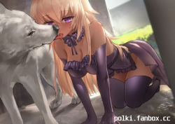 Rule 34 | 1girl, all fours, animal, bare shoulders, bestiality, blonde hair, breasts, choker, cleavage, dark skin, dog, elbow gloves, fanbox username, gloves, hanging breasts, interspecies, kiss, kissing animal, licking, medium breasts, original, polki, purple eyes, tan, thighhighs, tongue, tongue out