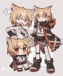 Rule 34 | 1girl, ahoge, animal ear piercing, animal ears, arknights, black cape, black gloves, black shorts, bow (weapon), cape, chibi, fang, fingerless gloves, fox ears, fox girl, fox tail, gloves, grey background, hair between eyes, hair ornament, hairclip, highres, holding, holding bow (weapon), holding weapon, hood, hood down, hooded cape, jewelry, jitome, midriff, multiple views, navel, necklace, notched ear, one eye closed, orange eyes, oripathy lesion (arknights), prosthesis, prosthetic arm, rasarasu, shirt, short hair, shorts, simple background, skin fang, strapless, strapless shirt, tail, tooth necklace, vermeil (arknights), weapon, white shirt