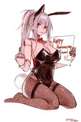 Rule 34 | 1girl, absurdres, animal ears, black pantyhose, bow, bowtie, breasts, cleavage, collarbone, covered navel, detached collar, dokuro deluxe, doll, doll joints, english text, fishnet pantyhose, fishnets, full body, gift art, highres, holding, holding sign, joints, jowol, large breasts, legs, leotard, long hair, looking at viewer, middle finger, no shoes, pantyhose, playboy bunny, ponytail, rabbit ears, rabbit tail, red bow, red bowtie, sidelocks, sign, simple background, sitting, skin tight, solo, tail, thick thighs, thigh strap, thighs, unamused, very long hair, virtual youtuber, wariza, white background, wrist cuffs
