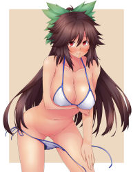 Rule 34 | 1girl, ao banana, bikini, bikini pull, blush, bottomless, breasts, brown eyes, brown hair, cat, censored, clothes pull, convenient censoring, covered erect nipples, female focus, highres, jpeg artifacts, large breasts, leaning forward, long hair, looking at viewer, necktie, no wings, ran, red eyes, reiuji utsuho, side-tie bikini bottom, smile, solo, striped necktie, striped neckwear, swimsuit, touhou, untied, very long hair