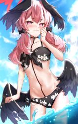 Rule 34 | 1girl, bikini, black bikini, black bow, black wings, blue archive, blue sky, blush, bow, breasts, closed mouth, collarbone, commentary, cowboy shot, double-parted bangs, feathered wings, floral print, front-tie bikini top, front-tie top, hair between eyes, hair bow, halo, hand up, head wings, highres, koharu (blue archive), koharu (swimsuit) (blue archive), long hair, low twintails, low wings, ocean, official alternate costume, pink eyes, pink hair, pink halo, print bikini, sky, small breasts, solo, spaghetti strap, swimsuit, twintails, wading, wings, zorome apu
