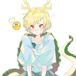 Rule 34 | 1girl, antlers, blonde hair, blue shirt, blush, closed mouth, commentary request, dragon horns, dragon tail, emoticon, frown, green skirt, highres, horns, kicchou yachie, looking at viewer, pout, puff of air, puffy short sleeves, puffy sleeves, raised eyebrow, red eyes, shirt, short hair, short sleeves, simple background, skirt, solo, tail, tearing up, touhou, turtle shell, upper body, ut0wv, white background