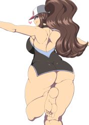Rule 34 | 1girl, ass, blue eyes, bottomless, breasts, brown hair, cosplay, creatures (company), curvy, dress, feet, game freak, green (pokemon), green (pokemon) (cosplay), heart, highres, hilda (pokemon), large breasts, long hair, looking at viewer, looking back, nintendo, oryutoo, pokemon, pokemon bw, pokemon lgpe, ponytail, sideboob, smile, solo, thick thighs, thighs, tongue, tongue out