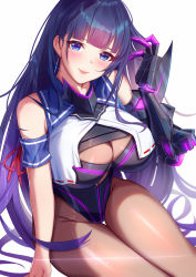 Rule 34 | 1girl, absurdres, adjusting hair, armband, blue eyes, blunt bangs, breasts, brown legwear, cleavage, cleavage cutout, clothing cutout, commentary request, crop top, earrings, gloves, groin, hand in own hair, highres, honkai (series), honkai impact 3rd, jewelry, large breasts, long hair, looking at viewer, md5 mismatch, purple hair, raiden mei, raiden mei (lightning empress), red ribbon, resolution mismatch, ribbon, single glove, sitting, smile, solo, source smaller, very long hair, white background, wu ganlan cai