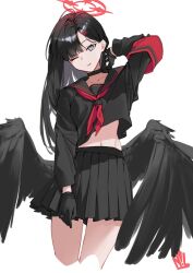 Rule 34 | 1girl, arm behind head, armband, black choker, black gloves, black hair, black sailor collar, black serafuku, black shirt, black skirt, black wings, blue archive, choker, cropped shirt, feathered wings, gloves, grey eyes, hair ornament, hairclip, halo, hashtag-only commentary, head tilt, highres, ichika (blue archive), long hair, looking at viewer, low wings, midriff, navel, nillith, one eye closed, open mouth, parted bangs, pleated skirt, red armband, red halo, sailor collar, school uniform, serafuku, shirt, simple background, skirt, smile, solo, white background, wings