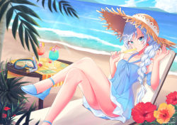 Rule 34 | 1girl, ass, beach, braid, brown hat, chair, cocktail glass, cup, day, dress, drinking glass, earrings, eating, food, halter dress, halterneck, hat, high heels, ice cream, jewelry, lounge chair, maguro (guromaguro), nail polish, outdoors, popsicle, rwby, scar, scar across eye, scar on face, shell, shell earrings, side ponytail, single braid, sitting, solo, strappy heels, wedge heels, weiss schnee, white hair