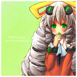 Rule 34 | 1girl, :&lt;, blush, bow, drill hair, english text, engrish text, goggles, goggles on head, green background, green eyes, grey hair, icemissile, jewelry, long hair, lowres, maria balthasar, necktie, ranguage, ribbon, sidelocks, simple background, solo, xeno (series), xenogears, yellow bow