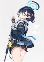 Rule 34 | 1girl, absurdres, black hair, black skirt, blue-framed eyewear, blue archive, blue halo, brown eyes, chihiro (blue archive), closed mouth, coffee cup, cowboy shot, cup, disposable cup, glasses, grey background, gun, hair ornament, halo, highres, holding, holding cup, holding gun, holding weapon, id card, long sleeves, pleated skirt, rabbit hair ornament, ryo (ryo skrdi), short hair, skirt, watch, weapon, wristwatch