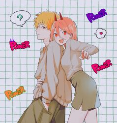 Rule 34 | 1boy, 1girl, ?, blonde hair, chainsaw man, character name, cross-shaped pupils, denji (chainsaw man), fang, grey sweater, grid background, gurukousu, hair between eyes, hands in pockets, heart, highres, horns, long hair, looking at viewer, open mouth, orange eyes, pink hair, power (chainsaw man), red horns, shirt tucked in, short hair, shorts, sideways glance, smile, spoken heart, spoken question mark, sweater, symbol-shaped pupils, yellow eyes