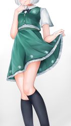 1girl, 258n, absurdres, black legwear, black neckwear, bob cut, bow, bowtie, breasts, commentary, covering mouth, finger to mouth, frilled skirt, frills, gradient, gradient background, green skirt, green vest, grey background, hand over own mouth, head out of frame, highres, kneehighs, konpaku youmu, lifted by self, shirt, short hair, short sleeves, silver hair, simple background, skirt, skirt lift, skirt set, small breasts, socks, solo, touhou, vest, white background, white shirt