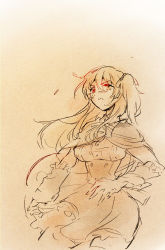 Rule 34 | 1girl, assault lily, blush, breasts, brown theme, buttons, capelet, commentary request, cowboy shot, cropped legs, detached sleeves, floating hair, frilled skirt, frilled sleeves, frills, gradient background, hair between eyes, hair ribbon, heterochromia, high-waist skirt, holding, holding shield, kuo shenlin, long hair, looking away, medium breasts, monochrome, neck ribbon, one side up, parted lips, red eyes, ribbon, santouka, school uniform, shield, shirt, sidelocks, sketch, skirt, solo, spot color, standing, v-shaped eyebrows, white background, yellow eyes, yurigaoka girls academy school uniform