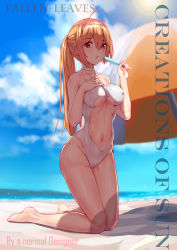 Rule 34 | 1girl, absurdres, ahoge, artist name, bare arms, bare legs, bare shoulders, barefoot, beach, beach umbrella, blonde hair, blue sky, blurry, blurry background, blush, braid, breasts, casual one-piece swimsuit, center opening, cloud, collarbone, covered erect nipples, day, depth of field, english text, engrish text, fallen-leaves, food, french braid, full body, hairband, hand on own chest, highres, holding, holding food, kneeling, large breasts, light rays, looking at viewer, nail polish, ocean, one-piece swimsuit, outdoors, parted lips, pink hairband, pink nails, popsicle, ranguage, red eyes, side ponytail, sky, sun, sunbeam, sunlight, swimsuit, umbrella, underboob, white one-piece swimsuit