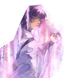 Rule 34 | 1boy, absurdres, artist name, back, closed mouth, commentary, detached sleeves, double exposure, english commentary, fingernails, from behind, genshin impact, hair between eyes, hand up, highres, leaf, lips, long sleeves, looking at viewer, looking back, mandarin collar, nail polish, purple eyes, purple hair, purple nails, purple shirt, purple theme, purple vest, scaramouche (genshin impact), scaramouche (kabukimono) (genshin impact), shaded face, shirt, short hair, solo, standing, tree, vest, white background, wide sleeves, wyattrary