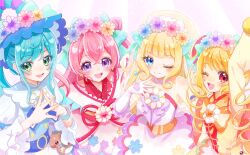 Rule 34 | 4girls, ;), ;d, arm up, big hair, blonde hair, blue bow, blue dress, blue eyes, blue hair, blunt bangs, bow, bun cover, chinese clothes, closed mouth, cure finale, cure finale (party up style), cure precious, cure precious (party up style), cure spicy, cure spicy (party up style), cure yum-yum, cure yum-yum (party up style), delicious party precure, double bun, dress, earrings, flower, frilled sleeves, frills, fuwa kokone, gloves, green eyes, hair bow, hair bun, hair flower, hair ornament, hanamichi ran, head wreath, heart, highres, jewelry, kasai amane, kome-kome (precure), light particles, long hair, long sleeves, magical girl, mem-mem (precure), merrybear, multiple girls, nagomi yui, one eye closed, open mouth, pam-pam (precure), pink dress, pink hair, precure, purple dress, purple eyes, red eyes, side-by-side, side ponytail, smile, strapless, strapless dress, white gloves, yellow dress