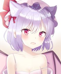 Rule 34 | 1girl, alternate costume, animal ears, bad id, bad pixiv id, bare shoulders, bat wings, blush, breasts, cat ears, cleavage, commentary request, dress, fang, gradient background, hair between eyes, hair ribbon, hat, hat ribbon, head tilt, kemonomimi mode, light purple hair, looking at viewer, mob cap, nibosi, open mouth, pink hat, purple background, red eyes, remilia scarlet, ribbon, short hair, simple background, skin fang, small breasts, solo, strap slip, sundress, touhou, upper body, white background, white dress, wings