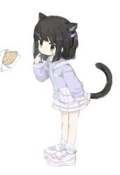 Rule 34 | 1girl, animal ears, arm at side, bag, borrowed character, cat ears, cat girl, cat tail, commentary request, coupon (skyth), facial mark, finger to mouth, fish hair ornament, food, full body, hair ornament, hand up, leaning forward, long sleeves, looking at food, medium hair, one side up, original, pleated skirt, purple sailor collar, purple shirt, sailor collar, shipi-chan, shirt, shoes, shoulder bag, simple background, skirt, sneakers, socks, solo, standing, tail, taiyaki, wagashi, whisker markings, white background, white skirt, white socks, yellow eyes, yurie mouth