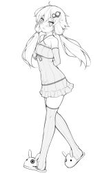 Rule 34 | 1girl, :d, arm warmers, blush, dress, from side, full body, greyscale, hair between eyes, haruyuki (yukichasoba), lineart, looking at viewer, low twintails, monochrome, open mouth, simple background, slippers, smile, solo, standing, thighhighs, twintails, vocaloid, voiceroid, yuzuki yukari