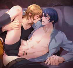 Rule 34 | 10s, 2boys, anal, arm around neck, arm support, bishounen, blonde hair, blue eyes, blue hair, blush, briefs, bulge, censored, clothed sex, clothes pull, clothing aside, earrings, erection, erection under clothes, eye contact, hijirikawa masato, holding hands, interlocked fingers, jewelry, jinguuji ren, kneehighs, leg lift, long hair, looking at another, lying, male focus, male penetrated, male pubic hair, male underwear, male underwear aside, moge-hera, multiple boys, navel, nipples, no pants, on side, one eye closed, open clothes, open mouth, open shirt, pants, pants around one leg, pants pull, penis, penis under another&#039;s clothes, profile, pubic hair, sex, shirt, short hair, socks, sweat, underwear, uta no prince-sama, v-neck, yaoi