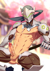 Rule 34 | 1boy, abs, armor, ass, cum, erection, genji (overwatch), highres, lvlv, male focus, mask, muscular, nature, nipples, nude, outdoors, overwatch, overwatch 1, penis, solo, testicles, tree, uncensored