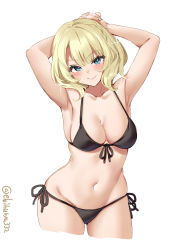 Rule 34 | 1girl, alternate costume, armpits, arms up, bikini, black bikini, blonde hair, blue eyes, blush, braid, breasts, colorado (kancolle), cowboy shot, ebifurya, front-tie bikini top, front-tie top, highres, kantai collection, large breasts, navel, own hands together, short hair, side-tie bikini bottom, side braids, simple background, smile, solo, stomach, swimsuit, twitter username, white background
