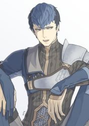 Rule 34 | 1boy, armor, blue eyes, blue hair, elbow gloves, fire emblem, fire emblem echoes: shadows of valentia, fire emblem gaiden, gloves, iktk, looking at viewer, male focus, multicolored hair, nintendo, pauldrons, python (fire emblem), shoulder armor, simple background, sitting, solo, two-tone hair, white background