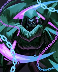 Rule 34 | 1boy, absurdres, black gloves, chain, commentary, commission, crossed arms, dark, english commentary, fighting stance, gas mask, gloves, glowing, glowing chain, glowing eyes, glowing weapon, highres, holding, holding weapon, hood, hood up, long sleeves, magic, mask, motion blur, original, ronillust, shaded face, skull mask, solo, weapon, weapon request