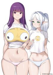 Rule 34 | 2girls, alcoholrang, blush, breast envy, breasts, closed mouth, crop top, elf, fern (sousou no frieren), flushed face emoji shirt (meme), frieren, green eyes, highres, large breasts, long hair, looking at viewer, meme, midriff, multiple girls, navel, parted bangs, pointy ears, purple eyes, purple hair, shirt, small breasts, sousou no frieren, stomach, t-shirt, twintails, white hair, white shirt
