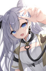 1girl absurdres blue_eyes cone_hair_bun double_bun dress earrings eyelashes grey_hair hair_bun hair_ornament highres hololive hololive_indonesia jacket jewelry leash lock long_hair nohanenoe open_mouth solo vestia_zeta vestia_zeta_(1st_costume) virtual_youtuber white_dress white_jacket