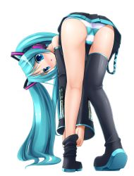 Rule 34 | 1girl, absurdres, aqua eyes, aqua hair, ass, ass focus, asymmetrical legwear, bent over, black thighhighs, blush, cameltoe, colorized, dressing, eto, female focus, full body, glowing, hatsune miku, highres, kneepits, legs, long hair, miniskirt, neon trim, open mouth, panties, pantyshot, resized, skirt, solo, striped clothes, striped panties, thighhighs, transparent background, twintails, underwear, uneven legwear, upscaled, upskirt, very long hair, vocaloid