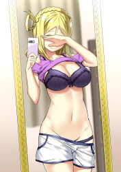 Rule 34 | 10s, 1girl, blonde hair, blurry, blurry background, bra, braid, breasts, cellphone, closed mouth, clothes lift, clothing cutout, collarbone, covering face, covering own eyes, cowboy shot, crown braid, groin, hand on own face, highres, holding, holding phone, indoors, large breasts, long hair, love live!, love live! school idol festival, love live! sunshine!!, midriff, mirror, navel, ohara mari, panties, phone, purple bra, purple panties, reflection, selfie, shiny skin, shirt lift, short shorts, shorts, shoulder cutout, sky-freedom, smartphone, smile, solo, standing, stomach, underwear, white shorts