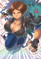 Rule 34 | 1girl, 1other, alternate color, arrow (symbol), belt, black gloves, black shirt, breasts, brown hair, chikoinochi, cleavage, dark-skinned female, dark skin, facial mark, fingerless gloves, giovanna (guilty gear), gloves, green fur, guilty gear, guilty gear strive, high-waist pants, highres, large breasts, lips, looking at viewer, pants, partially unbuttoned, recycling symbol, rei (guilty gear), shirt, short hair, sleeves pushed up, suspenders, wolf, yellow eyes