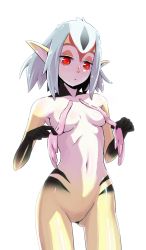 Rule 34 | 1girl, ammonio, ao no roku-gou, blue hair, breasts, colored skin, highres, monster girl, multicolored skin, mutio, navel, pointy ears, red eyes, simple background, small breasts, solo, therianthrope, white background, white skin, yellow skin