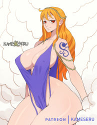 Rule 34 | 1girl, adapted costume, alternate costume, artist name, blue dress, breasts, brown eyes, cleavage, covered erect nipples, curvy, dress, earrings, grin, jewelry, kameseru, large breasts, long hair, nami (one piece), nami (one piece) (post-timeskip), nami (one piece) (zou), no panties, official alternate costume, one piece, orange hair, parted lips, revealing clothes, shiny skin, short dress, shoulder tattoo, side slit, smile, tattoo, very long hair, wide hips