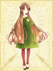 Rule 34 | 1girl, animal print, bird print, breasts, brown coat, brown eyes, brown hair, chain paradox, character request, check character, coat, colored inner hair, dress, flower, full body, green dress, hair flower, hair ornament, hand up, highres, leg warmers, long hair, long sleeves, multicolored hair, nanamori minoru, natsu nts, parted bangs, pink hair, shoes, small breasts, solo, standing, very long hair, yellow background